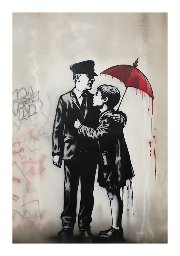 Graffitikunst met twee jongens, één met een pet en de ander met een rode paraplu, die een kus delen op een gespoten muur met verspreide graffiti-elementen en druipende verfdetails met behulp van bba 054 - pop-art van CollageDepot.-