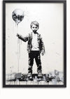 Een monochroom zwart-wit schilderij toont een jonge jongen die een hartvormige ballon vasthoudt. De jongen staat op een spetterende, abstracte achtergrond. Het lijkt erop dat de ballon langzaam leegloopt en smelt, terwijl er verf uit druppelt. Deze opvallende wanddecoratie, Jongen Zwart Wit Met Ballon Schilderij van CollageDepot, is voorzien van een magnetisch ophangsysteem voor eenvoudige weergave.,Zwart-Zonder,Lichtbruin-Zonder,showOne,Zonder