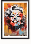 Het ingelijste street art-schilderij, dat doet denken aan een schilderij van Marilyn Monroe, toont een vrouw met een brede glimlach. Haar gezicht is gedetailleerd in zwart-wit, terwijl kleurrijke verfspatten in oranje, gele, blauwe en rode delen ervan bedekken. De feloranje achtergrond ziet er gestructureerd uit. Dit Graffitikunstwerk Van Marilyn Monroe Schilderij van CollageDepot wordt geleverd met een magnetisch ophangsysteem voor eenvoudige weergave.,Zwart-Met,Lichtbruin-Met,showOne,Met