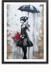 Zwart-witte graffitikunst met een vrouw in een jurk die een paraplu en een boeket rode rozen vasthoudt. Het lijkt erop dat de paraplu smelt en zwarte verf druipt. Dit opvallende CollageDepot Elegante Dame Met Paraplu Schilderij is ingelijst en geplaatst tegen een bakstenen muurachtergrond, waardoor het perfect is voor uw magnetische ophangsysteem.,Zwart-Met,Lichtbruin-Met,showOne,Met