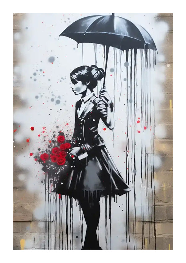 Op een graffitimuurschildering is een vrouw in een zwarte jurk afgebeeld die een zwarte paraplu vasthoudt. In haar linkerhand zitten rode rozen en de kleur druipt van de paraplu en de bloemen. De achtergrond is voorzien van spatten grijs, wit en rood op een bakstenen muur, waardoor een kunstzinnig zwart-wit schilderij ontstaat als unieke wanddecoratie met het Elegante Dame Met Paraplu Schilderij van CollageDepot.-