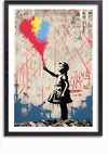 Een ingelijste Vrolijk Met Kleuren Schilderij van CollageDepot toont een jong meisje in een jurk met een rode rookfakkel in haar hand. De rook vormt een kleurrijke hartvorm met blauw en geel in het midden. De achtergrond is voorzien van graffiti en diverse texturen in grijs- en beigetinten, perfect als wanddecoratie met een magnetisch ophangsysteem.,Zwart-Met,Lichtbruin-Met,showOne,Met