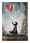 Een Met Twee Ballonnen Schilderij van CollageDepot in graffitistijl toont een jong meisje dat omhoog reikt naar twee rode ballonnen in de vorm van harten. De achtergrond is een mix van grijze en kleurrijke, abstracte spatten, waardoor een schril contrast ontstaat met de zwart-witte figuur van het meisje. Perfect als unieke wanddecoratie met een eenvoudig magnetisch ophangsysteem.-