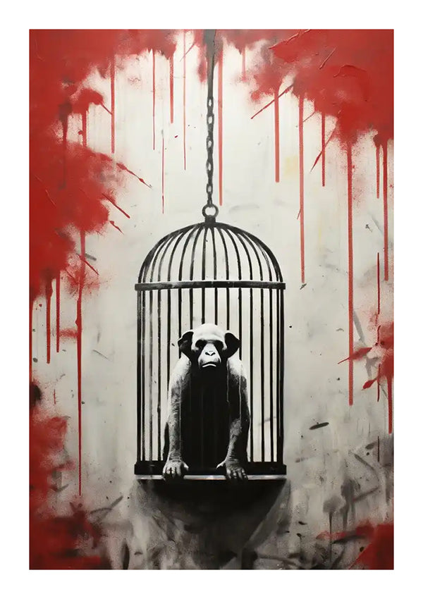 Artistieke afbeelding van een aap in menselijke houding in een hangende vogelkooi tegen een achtergrond bespat met rode en witte verf, waardoor een opvallend, enigszins onheilspellend visueel effect ontstaat van bba 101 - pop art van CollageDepot.-