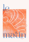 Een gestileerde afbeelding van een witte croissant op een gestructureerde oranje achtergrond. Boven en onder de croissant staan de Franse woorden "le matin" in kleine blauwe letters uit de cd 008 - typographie-collectie van CollageDepot.-