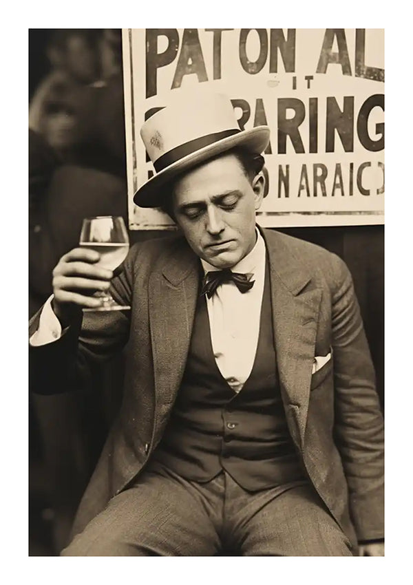 Een persoon in kledij uit het begin van de 20e eeuw, inclusief bolhoed en vlinderdas, zit en houdt een drankje in de hand. Ze hebben een neutrale uitdrukking en zijn geplaatst voor een gedeeltelijk zichtbaar Cheers-schilderij van CollageDepot.