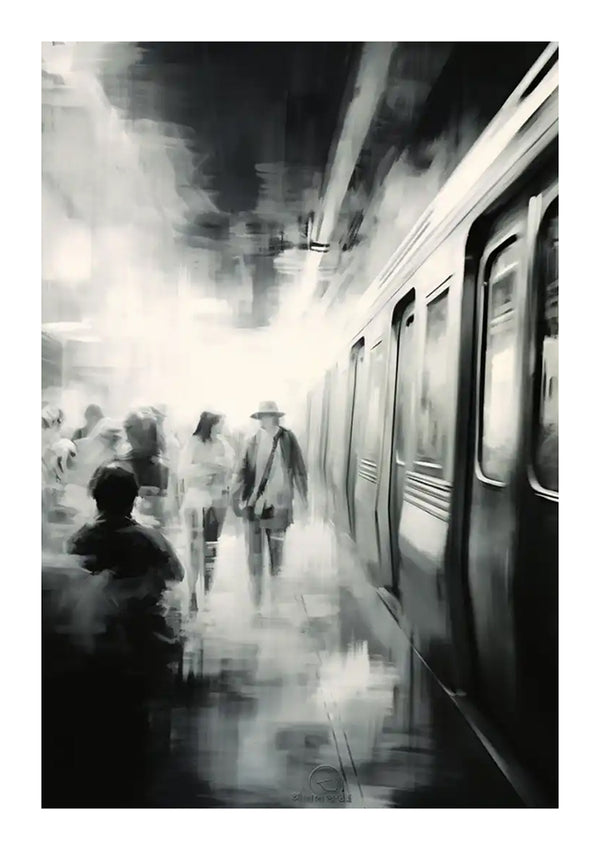 Een monochromatisch zwart-wit schilderij toont een abstract tafereel van mensen op een metroperron. De figuren en trein zijn vervaagd, waardoor een mistig, droomachtig effect ontstaat. Dit Subway-schilderij van CollageDepot straalt een gevoel van beweging en anonimiteit uit in een stedelijke omgeving.