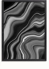 Een Zwart witte golven patroon schilderij van CollageDepot met een abstract ontwerp met vloeiende, golvende lijnen in verschillende tinten zwart, wit en grijs. De vloeiende lijnen zorgen voor een gemarmerd, vloeiend effect, perfect als moderne wanddecoratie.