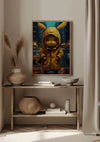 Een ingelijst schilderij waarop Pikachu een gele regenjas draagt, hangt aan een beige muur boven een houten consoletafel. Op de tafel staan decoratieve voorwerpen, waaronder een keramische vaas met gedroogde planten, een rieten mand en een klein beeldje. Dit charmante stukje wanddecoratie, het Yellow Rain Coat Schilderij van CollageDepot, geeft karakter aan de kamer.,Lichtbruin