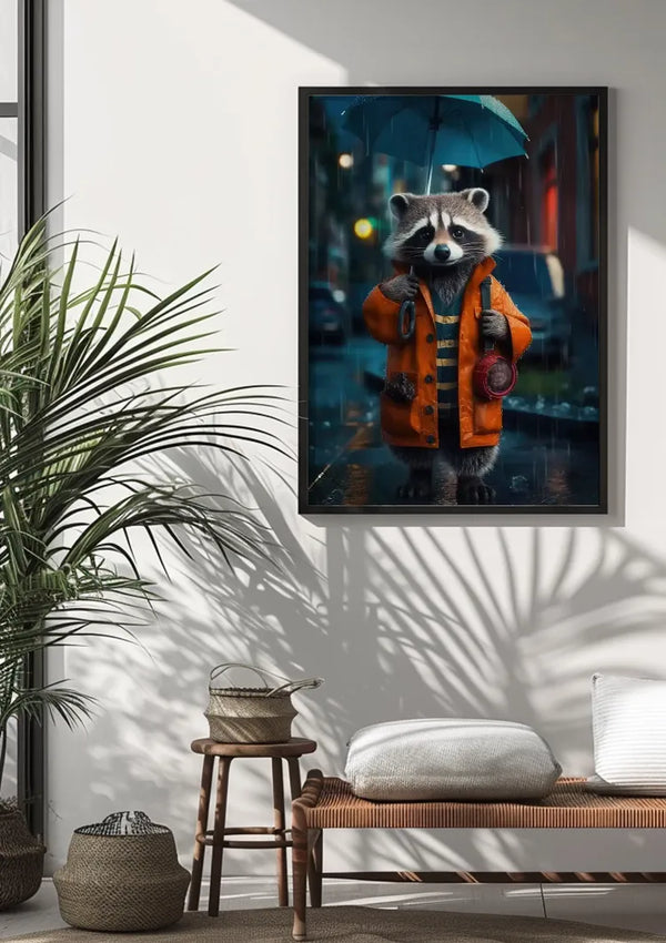 Een ingelijst Wasbeer in de Regen Schilderij van CollageDepot van een wasbeer die een oranje jas draagt en een blauwe paraplu vasthoudt, hangt aan een witte muur als charmante wanddecoratie. Onder de foto staat een geweven bank met twee kussens en daarnaast een gebreide mand. Links staat een grote kamerplant.,Zwart