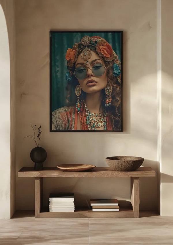 Een ingelijst portret van een vrouw met zonnebril, bloemenhoofddeksel en kleurrijke kledij hangt aan een beige muur met behulp van een magnetisch ophangsysteem boven een houten consoletafel. Op de tafel staan een tak in een vaas, een kom en gestapelde boeken in een goed verlichte kamer met een minimalistische inrichting. Het kunstwerk is het hippiecultuurschilderij van CollageDepot.