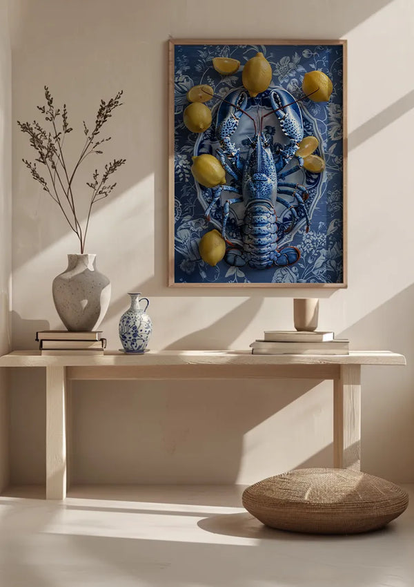 Het minimalistische interieur bestaat uit een houten consoletafel met daaronder een rieten kussen. Op de tafel staan vazen en boeken. Hierboven toont een ingelijst CollageDepot-kunstwerk een aab 329 Delfts blauwe kreeft met citroenen op een diepblauwe bloemenachtergrond. Een tak in een vaas zorgt voor decoratie.,Lichtbruin