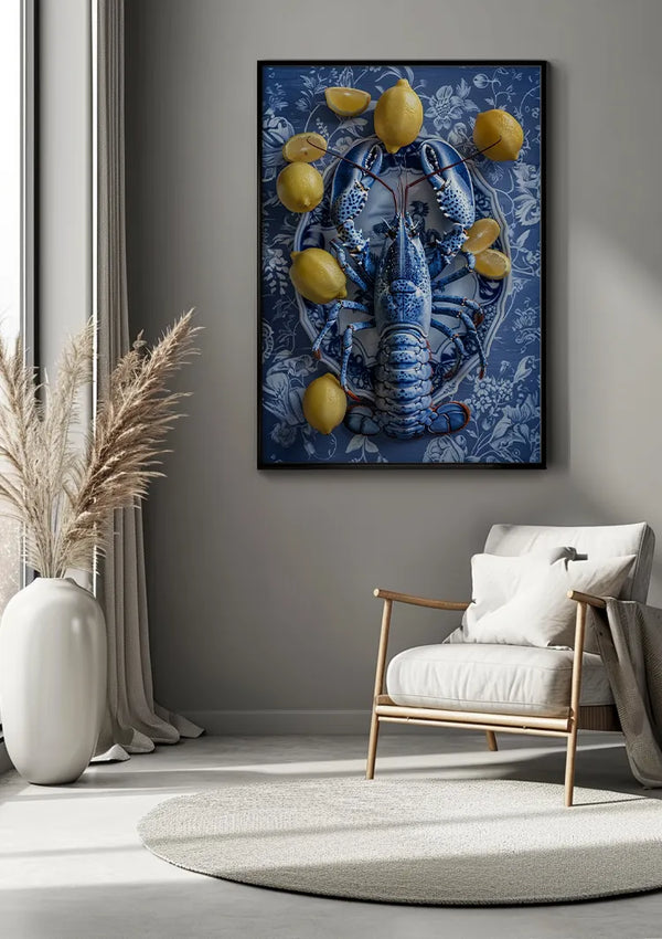 Een moderne woonkamer is voorzien van ingelijste kunst aan de muur met een blauwe kreeft omringd door citroenen, gemonteerd op een blauwe achtergrond met patroon. De kamer bevat ook de aab 329 Delfts blauw van CollageDepot, een witte vaas met hoog siergras, een houten stoel met kussens en een neutraal vloerkleed.,Zwart