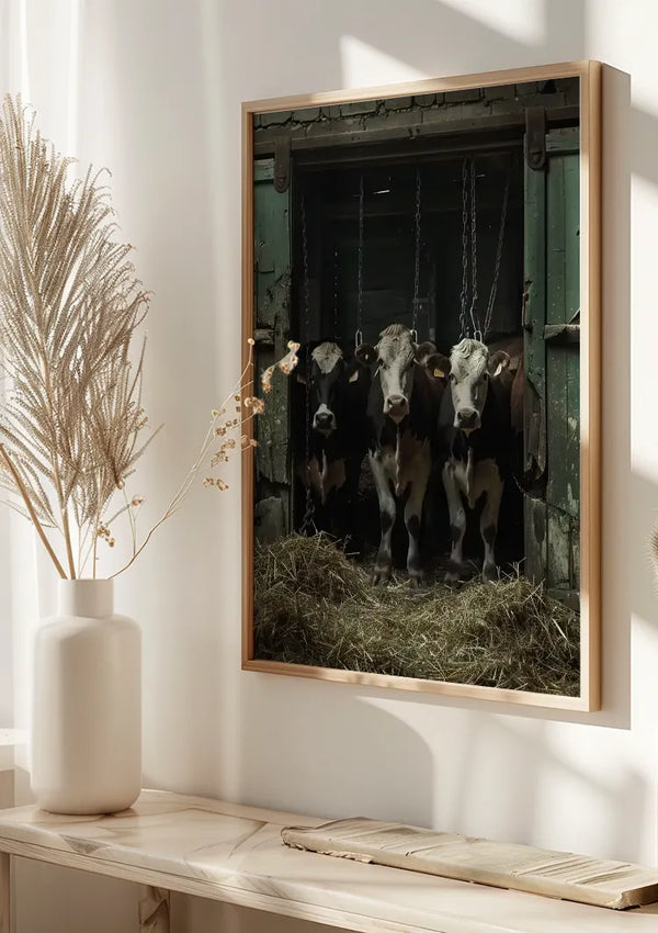 Een ingelijste foto van koeien die in een slecht verlichte schuur staan, het Cows In A Barn Schilderij van CollageDepot, hangt als prachtige wanddecoratie. De foto is geplaatst boven een witte vaas met gedroogd siergras op een lichtgekleurde, minimalistische plank. Het zonlicht filtert er doorheen en werpt zachte schaduwen dankzij het magnetische ophangsysteem.,Lichtbruin