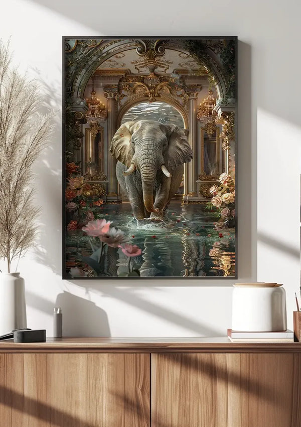 Een olifant in een fantasiezwembad Schilderij van CollageDepot hangt aan een witte muur boven een lichthouten kast. De afbeelding toont een olifant die door ondiep water loopt in een sierlijke, paleisachtige omgeving met bloemdecoraties. Deze unieke wanddecoratie harmonieert natuurlijke en weelderige elementen prachtig.,Zwart