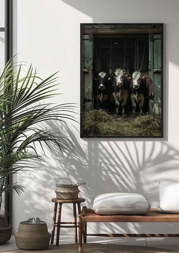 Een ingelijste foto van koeien in een schuur, of zoals de Nederlanders zouden zeggen: een Schilderij Koeien in een Schuur van CollageDepot, hangt aan de muur boven een houten bank met twee kussens. Bij de bank staan een rondgeweven mand en nog twee geweven voorwerpen. Aan de linkerkant van het tafereel staat een grote groene potplant.,Zwart