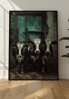 Tegen een muur staat een ingelijste foto van vier koeien die dicht bij elkaar staan in een slecht verlichte schuur. De schuur heeft een houten groene deur en hooi ligt verspreid op de grond. Aan de rechterkant van de afbeelding is gedeeltelijk een plant met brede bladeren zichtbaar, wat charme toevoegt aan dit Three Cows In A Barn Schilderij van CollageDepot als wanddecoratie.,Zwart