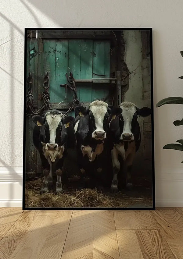 Tegen een muur staat een ingelijste foto van vier koeien die dicht bij elkaar staan in een slecht verlichte schuur. De schuur heeft een houten groene deur en hooi ligt verspreid op de grond. Aan de rechterkant van de afbeelding is gedeeltelijk een plant met brede bladeren zichtbaar, wat charme toevoegt aan dit Three Cows In A Barn Schilderij van CollageDepot als wanddecoratie.,Zwart