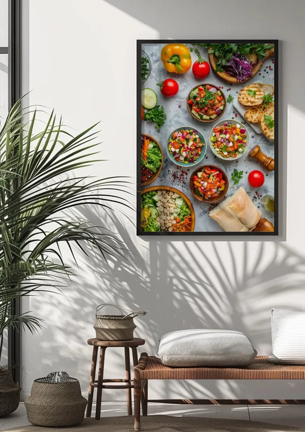 Aan een witte muur hangt een ingelijst "Colourful Dishes Schilderij" van CollageDepot met een verscheidenheid aan kleurrijke salades en verse groenten. Hieronder staat een houten bank met twee opgevouwen kussens. Aan de linkerkant van de bank wordt een potplant geplaatst, die schaduwen op de muur werpt. Deze charmante wanddecoratie voegt een vleugje natuur toe aan elke ruimte.,Zwart