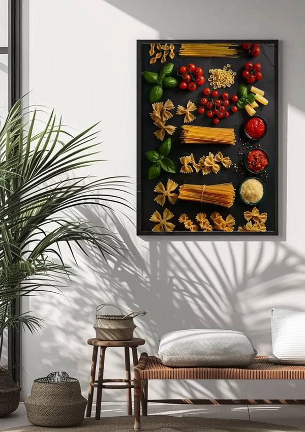Aan een witte muur hangt een ingelijst Pasta D'Italia-schilderij van CollageDepot met een verscheidenheid aan pastavormen, verse tomaten, basilicumblaadjes en kaas. Eronder staat een bank met een bruine zitting en kussens. Naast de bank zijn een geweven mand en een potplant geplaatst, wat bijdraagt aan de charmante wanddecoratie.,Zwart