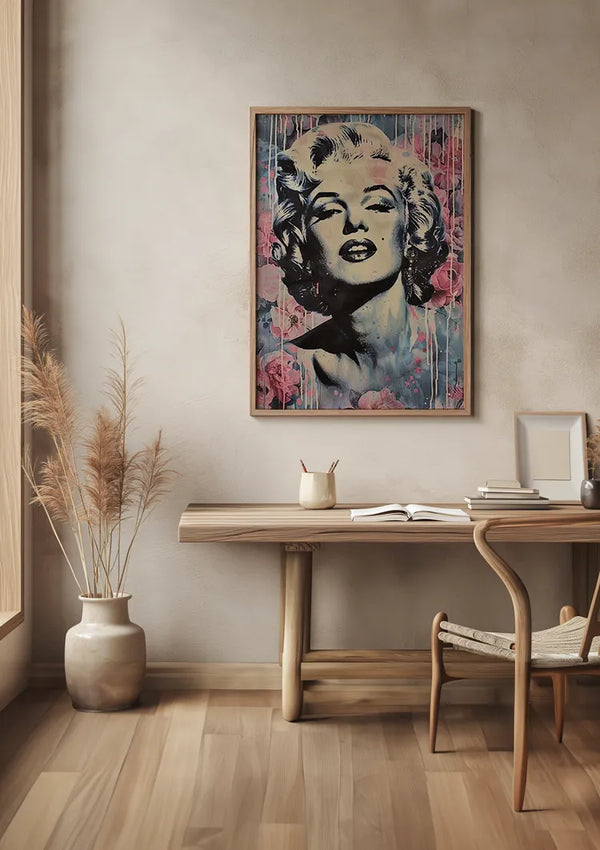 Een minimalistische kamer met een houten bureau en stoel. Een ingelijst monochromatisch portret van Marilyn Monroe met roze en blauwe accenten, met behulp van een CollageDepot Marilyn Monroe Stijlvolle Popart Schilderij, hangt aan een neutraal gekleurde muur. Er staat een vaas met hoog gedroogd gras op de vloer en een notitieboekje, pennenhouder en boeken op het bureau.