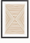 Een ingelijst Horizontale En Verticale Strepen Schilderij van CollageDepot heeft een geometrisch patroon van bruine, parallelle lijnen die een symmetrisch ontwerp vormen. De lijnen convergeren naar het midden, waardoor een diamantachtige vorm ontstaat. Deze opvallende wanddecoratie wordt geleverd met een zwarte lijst en is voorzien van een magnetisch ophangsysteem voor eenvoudige presentatie.,Zwart-Met,Lichtbruin-Met,showOne,Met