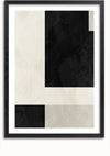 Een ingelijst abstract geometrisch zwart-wit schilderij van CollageDepot met een minimalistisch ontwerp met grote zwarte en grijze geometrische vormen op een lichtbeige achtergrond. De compositie maakt voornamelijk gebruik van rechthoeken en vierkanten, waardoor een sterk contrast ontstaat tussen lichte en donkere gebieden. Deze elegante wanddecoratie is voorzien van een magnetisch ophangsysteem voor eenvoudige installatie.,Zwart-Met,Lichtbruin-Met,showOne,Met