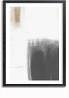 Een minimalistisch abstract schilderij in witte, grijze en beige tinten, ingelijst in zwart. De compositie bevat verticale en horizontale penseelstreken met zachte overgangen tussen de kleuren. Een dunne, donkere lijn loopt horizontaal over het onderste derde deel van dit elegante Simplicity-schilderij van CollageDepot.