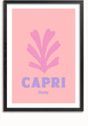 Een ingelijste poster met een roze achtergrond met een gestileerde paarse koraalillustratie. De tekst "CAPRI Italy" staat in vetgedrukte, paarse letters onder de afbeelding. Dit Capri Italy Schilderij van CollageDepot voegt elegantie toe aan elke kamer en wordt geleverd met een eenvoudig te gebruiken magnetisch ophangsysteem.,Zwart-Met,Lichtbruin-Met,showOne,Met