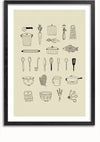 Een zwart-wit afbeelding van verschillende keukenartikelen en items gerangschikt in een raster. Items omvatten een rasp, een pot, een vis, lepels, een garde, een snijplank, een schaar, een pot, een theepot en kruiden. Perfect voor wanddecoratie met zijn elegante zwarte rand en compatibel met magnetisch ophangsysteem. Het product is het Stijlvolle Keukenartikelen Schilderij van CollageDepot.,Zwart-Met,Lichtbruin-Met,showOne,Met