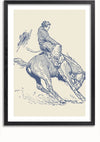 Een illustratie in een zwarte lijst toont een persoon die op een bokkend paard rijdt, wat doet denken aan een CollageDepot Vintage Cowboy Schilderij. De hoed van de ruiter vliegt eraf terwijl het paard vuil omhoog schopt. Het kunstwerk is weergegeven in een blauwe lijntekeningstijl op een lichte achtergrond, perfect om karakter toe te voegen aan een moderne kamer.,Zwart-Met,Lichtbruin-Met,showOne,Met