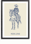 Een ingelijst Ride Long Schilderij van CollageDepot toont een cowboy die op een paard rijdt. Zowel de cowboy als het paard zijn schetsmatig weergegeven, met blauwe lijnen op een beige achtergrond. De tekst "RIDE LONG" verschijnt onder de afbeelding. Deze wanddecoratie wordt geleverd met een handig magnetisch ophangsysteem voor eenvoudige presentatie.,Zwart-Met,Lichtbruin-Met,showOne,Met