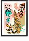 Een ingelijst abstract schilderij met verschillende organische vormen en botanische elementen. Deze prachtige wanddecoratie toont tinten oranje, groenblauw en beige, met zwarte omtrekken die de plantachtige vormen en patronen benadrukken. Het Botanische Vormen Schilderij van CollageDepot is uitgerust met een magnetisch ophangsysteem voor eenvoudige weergave.,Zwart-Met,Lichtbruin-Met,showOne,Met