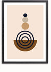 Ingelijste wanddecoratie met een abstract geometrisch schilderij met drie op elkaar gestapelde cirkels in donkerblauw, beige en crème bovenop concentrische halve cirkels in donkerblauw en bruin. De achtergrond is lichtbeige, aangevuld met een strak zwart frame voorzien van een magnetisch ophangsysteem. Dit is het Cirkels Schilderij van CollageDepot.,Zwart-Met,Lichtbruin-Met,showOne,Met