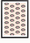 Een ingelijst Oogmotief Schilderij van CollageDepot toont een patroon van gestileerde menselijke ogen met roze irissen en zwarte wimpers, gerangschikt in een raster. De achtergrond heeft een lichte perzikkleur, perfect om charme toe te voegen aan elke ruimte. Geniet van het gemak van een abstract schilderij met een magnetisch ophangsysteem voor eenvoudige weergave.,Zwart-Met,Lichtbruin-Met,showOne,Met