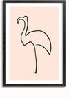 Een minimalistische flamingo-lijntekening is afgebeeld tegen een lichtroze achtergrond. Dit elegante Flamingo Schets Schilderij van CollageDepot is ingelijst in zwart met een witte passe-partout en toont de flamingo staande op één poot met een gebogen nek.,Zwart-Met,Lichtbruin-Met,showOne,Met
