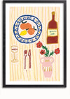 Een ingelijst Speelse Eetopstelling Schilderij van CollageDepot toont een bord met sinaasappels en een citroen, een fles wijn met het opschrift "Bonne Zot", een glas wijn, een vork en een mes, en een vaas met rode bloemen. De achtergrond heeft een gestreept patroon. Deze wanddecoratie kunt u eenvoudig tentoonstellen met behulp van ons magnetische ophangsysteem.,Zwart-Met,Lichtbruin-Met,showOne,Met