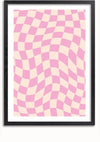 Een ingelijst Illusie Effect Schilderij van CollageDepot met een golvend roze en crème geometrisch patroon van schaakbordvierkanten, waardoor een optisch illusie-effect ontstaat. Het zwarte frame met witte matte rand maakt het tot een opvallende wanddecoratie.